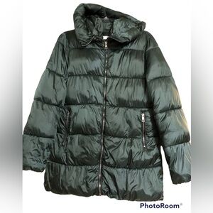 Dark green hooded zip front puffer coat size S